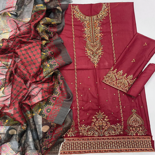 Luxury Embroidered 3-Piece Airjet Lawn Suit with Digital Printed Zari Dupatta | Sadukhani Collection