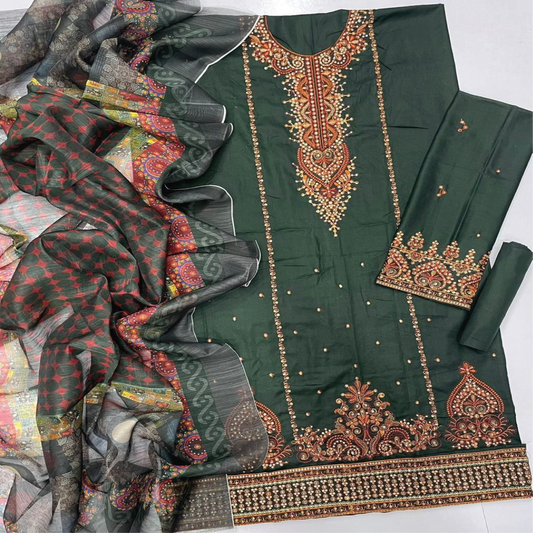 Luxury Embroidered 3-Piece Airjet Lawn Suit with Digital Printed Zari Dupatta | Sadukhani Collection