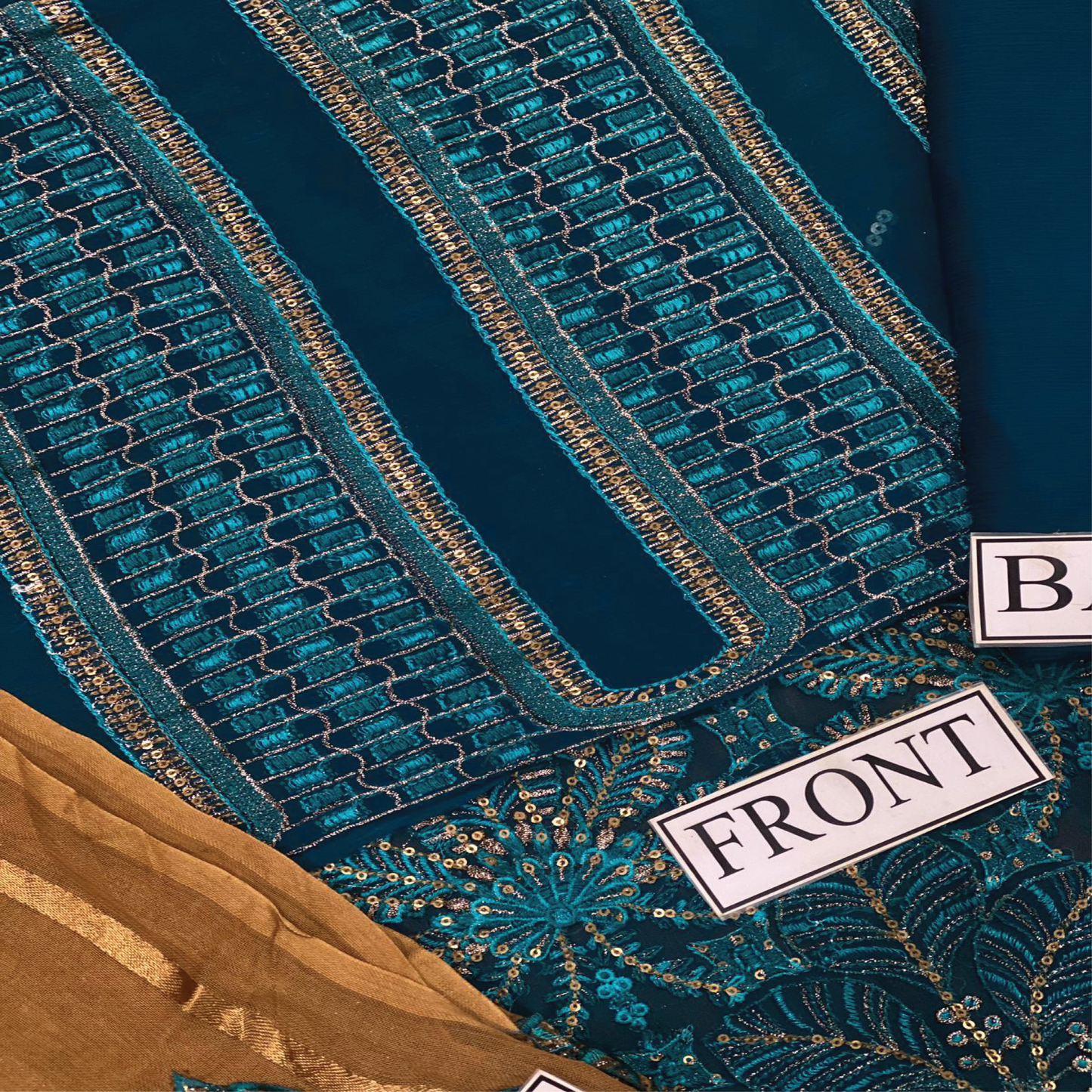 FLOSSIE Embroidered Chiffon Dress with Sequins & Net Dupatta | Sadukhani Collection